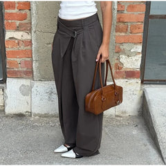 Hnewly Street Asymmetric Pleated Long Pants Women Baggy High Waist Zipper Pockets Wide Leg Trousers 2026 Spring Lady Commute Pant New
