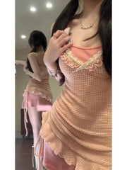 Hnewly Vintage Sweet Kawaii 2 Piece Sets Dresses Women Retro Lace Neckline Irregular Slip Dress Evening Party Japanese Suits