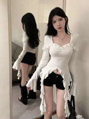 Hnewly Slim Cropped Ruffles T Shirt Women Long Sleeve Streetwear Retro Tops Casual Sexy Square Collar Female Korean Irregular Tees