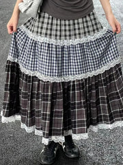 Hnewly Vintage Harajuku Lace Plaid Skirt Women Preppy Style Long Skirts Autumn Winter Streetwear Retro A-line Ruffle Skirts