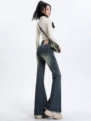 Hnewly Blue High Waist Skinny Pants Jeans Women Autumn High Street Slimming Trumpet Denim Pants Retro Extended Version Horseshoe Pants