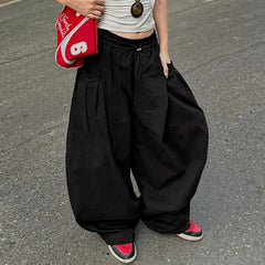 Hnewly Black Vintage Loose drawstring Sweatpants Women Solid Wid Leg Oversize Pant Y2k Casual Hip Hop Cargo Trousers Summer