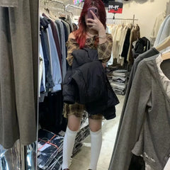Hnewly Retro Floral Lace Long Sleeve Asymmetrical Shoulder Dress Elegant Beautiful Dress Korean Style High Waist A-Line Skirt