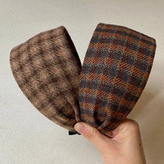 Hnewly 1pc High-Quality Brown Woolen Thickened Fabric Hairband - Orange-Toned Retro Plaid Extra-Wide Style for Autumn & Winter, Hairban