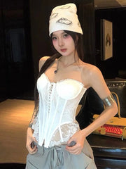 Hnewly Shirring Corset Tops Women Patchwork irregular Lace Sleeveless Backless Skinny Summer Trend Y2K Midnight Street Vest