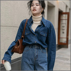 Hnewly Women Denim Shirt Long Sleeve Polo -Neck French Retro Spring Autumn New Korean Style Slim Washed Denim Coat Femal Casual Shirt