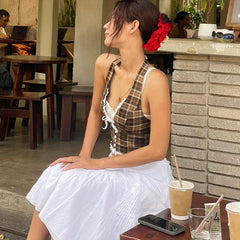 Hnewly French Style Retro Slim Halter Top Y2K Lace Backless Sleeveless V-neck Ruffle Camisole Summer Sexy New Women‘s Clothes