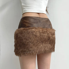 Hnewly rave inspo outfits Wild Fashion Zipper Pu Patchwork Faux Fur Women’s Skirts Chic Sexy Skinny Mini Leather Skirt