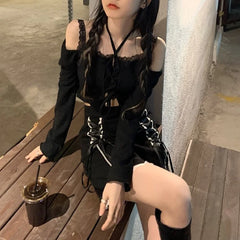 Hnewly Black Lace Goth Skirt Women Streetwear Chic Belt Mini Fairy Grunge Skirts Patchwork Design Sexy Causal Skirts Womens Summer