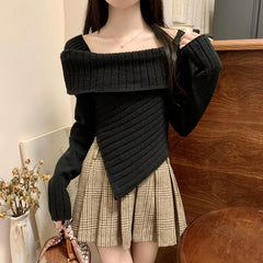Hnewly Sweater y2k Clothes Women Coquette Off Shoulder Long Sleeve Irregular Hem Knitted Halter Tops 2000s Clothing Streetwear