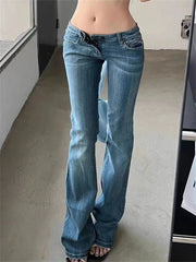 Hnewly Women's Retro Washed Low Waisted Micro Flared Jeans Summer New Chic Casual Slim Pants Female Sexy Denim Bell-bottoms Trousers