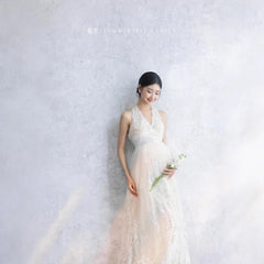 Hnewly Women Maternity Photoshoot Outfits White Lace Elegant Slim Deep V Dress for Pregnancy Studio Photo Shooting Clothing Fotografia
