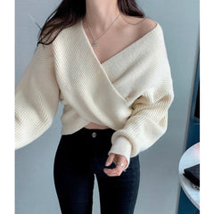 Hnewly Criss Cross Wrap Sweater for Women Rib Knit Long Sleeve V-Neck Crossover Pullover Crop Jumper Autumn Winter Elegant Chic Outfit