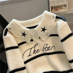 Hnewly Short Sweater Women's Autumn Winter 2025 New Stripe Hollow Out Fashion Star Letter Knitwear Long Sleeve Top Thicked Pullover