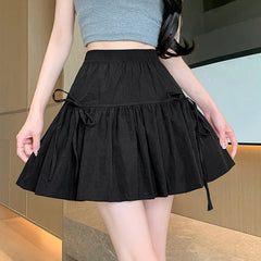 Hnewly Sweet Bow Knot A-Line Short Skirt for Women Summer Thin Style High Waist Mini Skirt Woman Y2K Solid Color Fold Cake Skirt Female