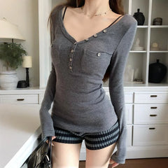 Hnewly Women Tops y2k Clothes Solid Color Buttons V Neck Slim Fit Long Sleeve T Shirts with Pockets 2000s Clothing Streetwear