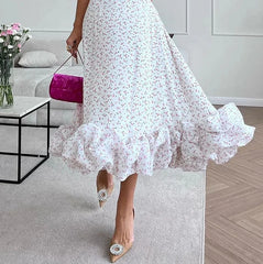 Hnewly Mid Length Skirt Women's Summer Vacation Beach Strap Low Neckline Sleeveless Waist Cinching Printed Large Swing Skirt