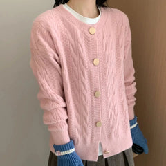 Hnewly Vintage Twist Knit Cardigan Women's Lazy Loose Soft Thickened Single-Breasted 2025 Autumn Winter New Korean Style Female Tops