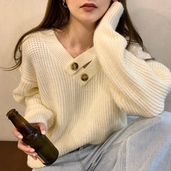 Hnewly V-neck Knit Pullover Women Slouchy Long Sleeve Drop Shoulder Sweater with Buttoned Strap Cozy Knitwear Autumn Winter Chic Outfit