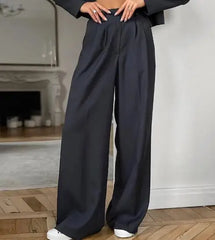 Hnewly Women's Classic Two - Piece Set: Suit Collar Long Sleeved Casual Blazer and Loose High Waisted Elastic Band Long Pants