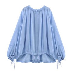 Hnewly Elegant Women's Pleated Shirts Loose O-neck Lantern Sleeve Lace Up Female Blouses Spring Summer Lady Chic All-match Tops