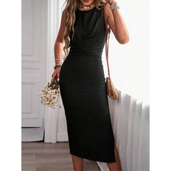 Hnewly Solid Color Simple Officewear Dress for Woman New O Neck Sleeveless Tied Waist Side Slit Elegant Long Dresses