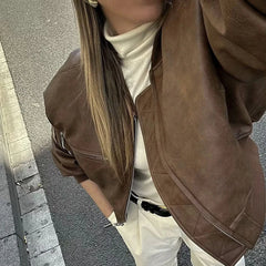 Hnewly Lapel Cotton Leather Jacket Woman Short Retro Zipper Cardigan PU Jacket Solid Spring New female High Street Outwaer