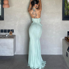 Hnewly Butterfly Appliqué Halterneck Cut-out Maxi Dress Cut-out at the Waist Backless Stylish Elegant Dress