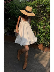Hnewly White Sleeveless Ruffles Mini Dress Women Casual Boho Beach Sundress Cute Girl Home Dresses Loose Summer Dress Oversize