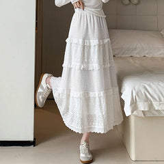 Hnewly New Lace Pleated Skirts for Women Spring Autumn White Hollow High Waist Skirts Woman Elastic Waist A-Line Skirt Mujer