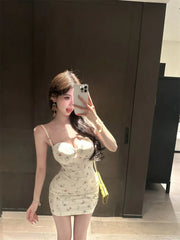 Hnewly Woman Dress Sexy Sleeveless Floral Printed Slim Slash Neck Backless Vintage Elegant Party Mini Dresses Female Fashion