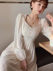 Hnewly Autumn New Women Fashion Elegant White Midi Dresses Vintage Princess Female Party A Line Clothes Vestdios
