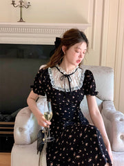 Hnewly French Elegant Floral Print Dress Women Casual Lace Patchwork Short Sleeve Black Dress Evening Party Korean Fashion Clothing