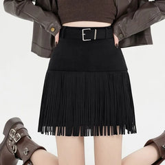 Hnewly Suede Vintage Tassel A-line Skirt Autumn and Winter High-waisted Slimming Hot Girl Maillard Skirt Women Fashion Personality
