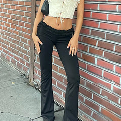 Hnewly Y2k Ruffles Fairy Pant Sexy Women Pants Gothic Skinny Fashion Boot Cut Trousers Grunge Trim Bandage Streetwear Bottoms