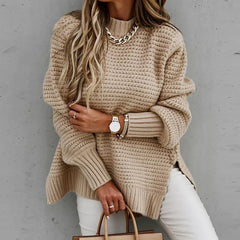 Hnewly New Loose Split Knitted Long Sleeve Thick Sweater Half High Neck Korean Fashion Pullover Autumn Winter Black Women Clothes