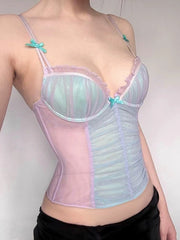 Hnewly Patchwork Mesh Folds Camisole Women Ribbon Bow Lace See Through Low-Neck Sleeveless Backless Skinny Sweet Trend Tops