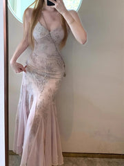 Hnewly French Vintage Y2k Elegant Boho Midi Dress Female Slim Sexy Lace Print Camisole Long Dress Sequin High Waist Dresses Even Party