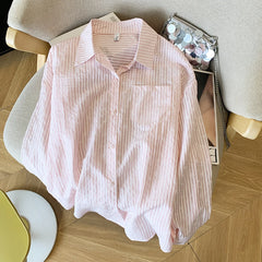 Hnewly Pink Striped Sun Protection Shirt Women's Summer Thin Single-breasted Outwear Loose Fit Lazy Style Casual Open Front Female Tops