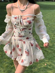 Sweet Floral Sexy Strap Dress Women Folds Designer Casual Mini Fairy Dress Female 2024 Summer Puff Sleeve Korean Princess Dress