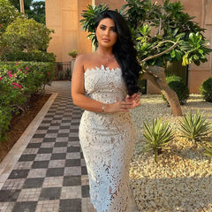 Hnewly Elegant Embroidery Women's Dress Tube Top Slim Hollow Out Lady Party Dresses Autumn Winter Female Holiday Ball Robe New