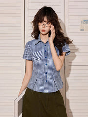 Hnewly Vintage American Plaid Shirt Women Slim Preppy Style Short Sleeve Blouse Casual Pocket Retro Female Single Breasted Tops