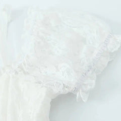 Hnewly Sweet White Ruched Chest Spliced Lace Short Sleeve Mini Dress Women Bow Sashes Back Sling Strap Mini Dresses Party Robe