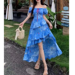 Hnewly Plus Size Floral Print Summer Dress Women's Vacation Style Asymmetrical Hem Empire Waist Slimming Skirt Ankle Length Short Sleev