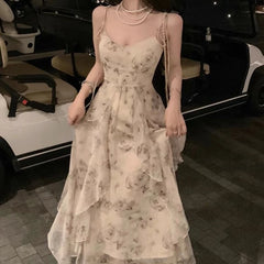 Hnewly Elegant Holiday Dresses for Women Long Floral Chiffon Midi Dress Sleeveless Vintage Dress Fairy Slim Party Casual