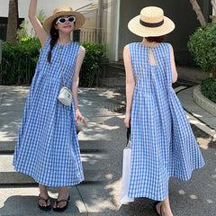 Hnewly Summer New Loose Vest Dress Women's plus Size Sweet And Salty Style French Style Cotton Casual A-Line Skirt Backless Dress