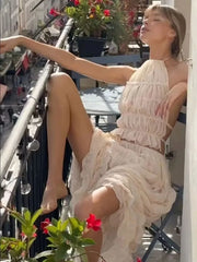 Hnewly Fashion Sexy Halter Neck Strap Vest Women's Aesthetic Lace Pleated Long Skirt Suit Spring Summer