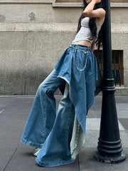 Hnewly Women's Irregular Splicing Fake Two Flared Jeans Casual Streetwear High Waist Cowboy Trouser Female Wide-leg Denim Pants