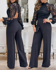 Hnewly 2025 Spring Contrast Lace Stand Collar Tied Detail Backless Lantern Sleeve Elegant Jumpsuit