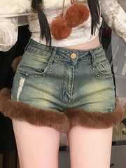 Hnewly winter club outfits American Y2k Hottie Blue Jeans Women's Spring Versatile Skinny Shorts Fashion Design Washed 2000s Fur Streetwear Slim Pants New